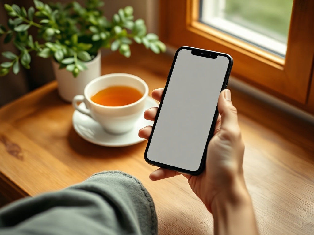 Dłoń trzyma telefon przy filiżance ziołowej herbaty na drewnianym stole